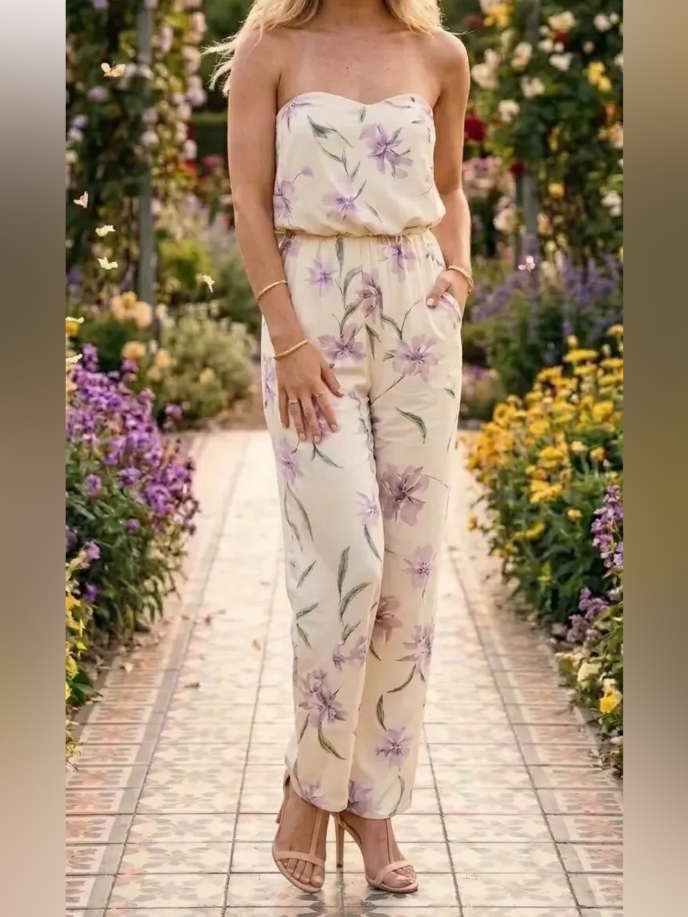 Bardot NWT Sz S Floral Linen Blend  jumpsuit Strapless Wide Leg Party Feminine